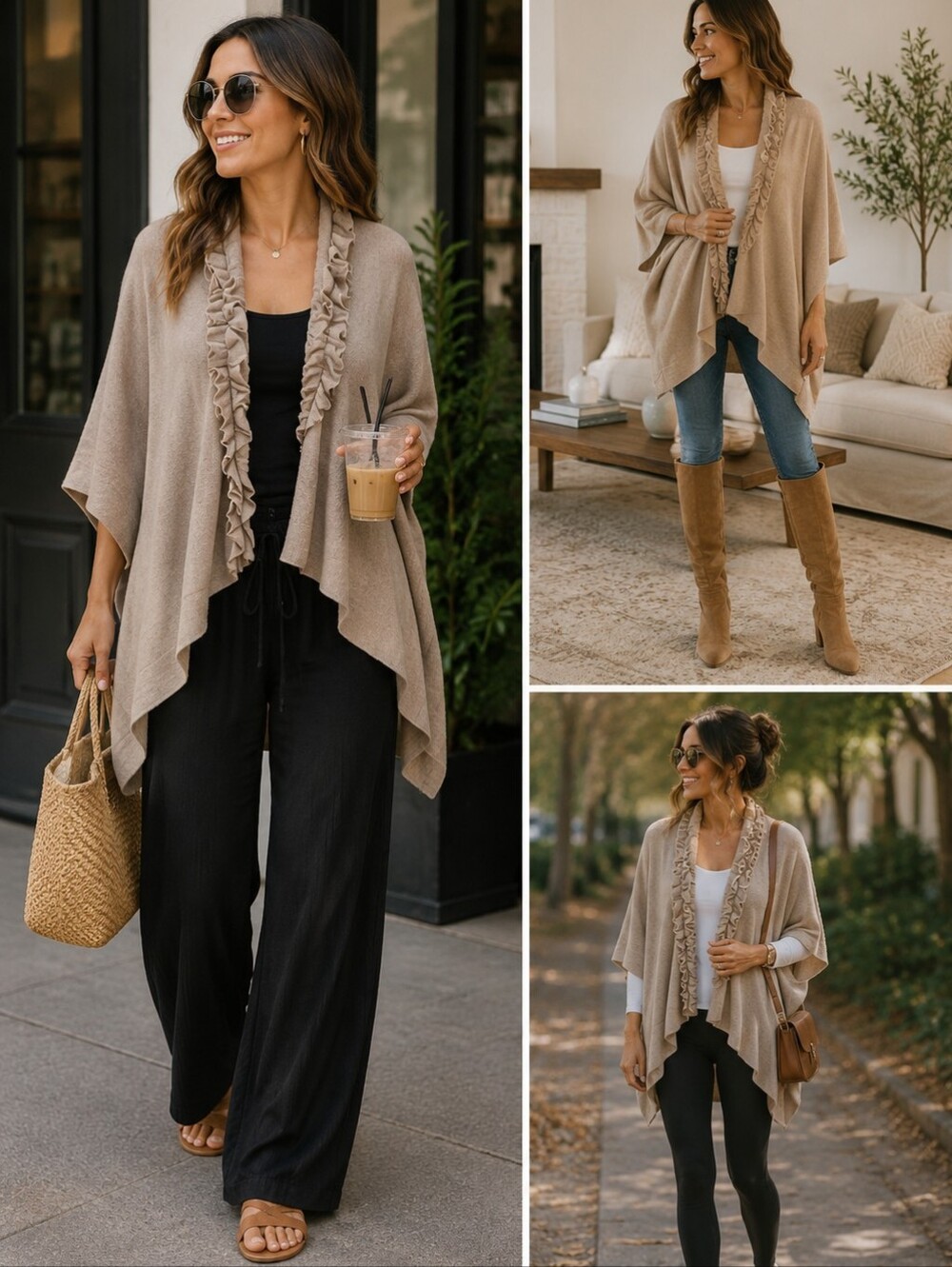 V FRAAS Ruffled Beige Women's Sweater PONCHO 🧡